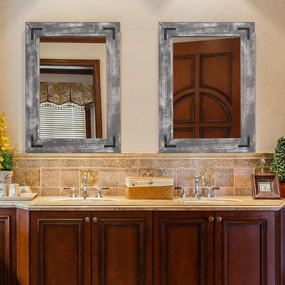 YOSHOOT Rustic Wooden Framed Wall Mirror, Natural Wood Bathroom Vanity Mirror for Farmhouse Decor, Vertical or Horizontal Hanging