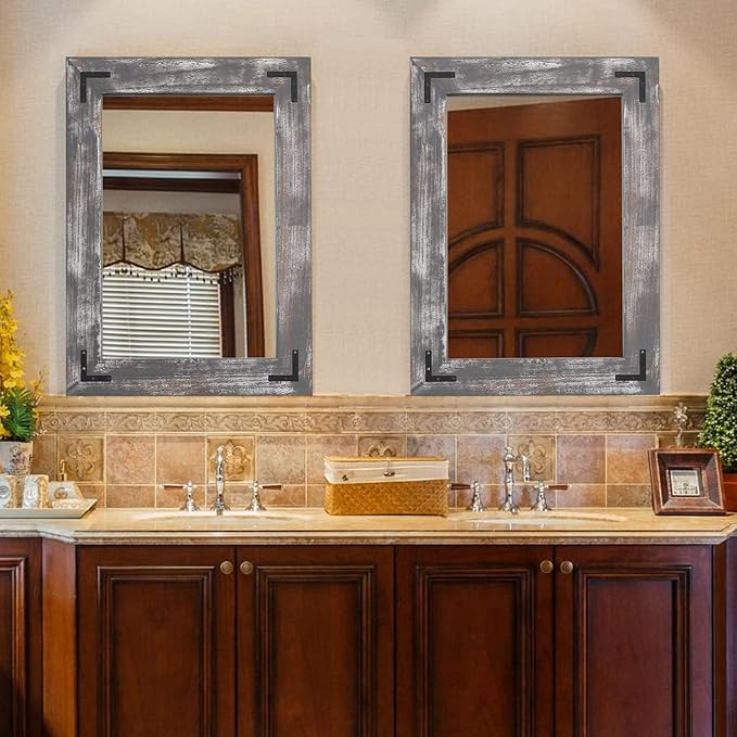 YOSHOOT Rustic Wooden Framed Wall Mirror, 40"x30", Natural Wood Bathroom Vanity Mirror for Farmhouse Decor, Vertical or Horizontal Hanging