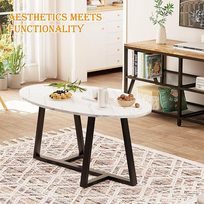 Coffee Table Small Oval Table,White Faux Marble Table for Living Room, Modern Center Tea Tables for Small Space,Wooden Tables End Tables with Sturdy Black Metal Leg