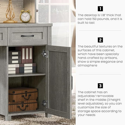 67''H Farmhouse Executive Desk with Hutch & 5 Drawers, Rustic Office Desks Computer Desks with Charging Station, File Drawers and Storage Cabinets, Wood Workspace for Home Office & Study,Grey.