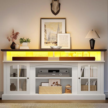 YITAHOME LED Farmhouse TV Stand for 75 Inch w/Outlets, Modern Entertainment Center with Glass Doors and Adjustable Storage Shelves, Media Console TV Cabinet for for Living Room, White/Black