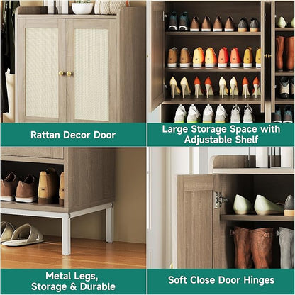 Rattan Shoe Cabinet Storage for Entryway, Shoe Cabinet with Adjustable Shelves for Entryway, 5-Tier, 20 Pair Shoe Rack Storage for Hallway, Closet, Living Room, Natural