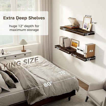 Floating Shelves 36 Inch Long, 12 Inch Deep Floating Shelves for Wall, 36 x 12 Shelves for Wall Storage & Display, 2" Thick Floating Shelf for Bathroom, Living Room, Rustic Brown Color, Set of 2