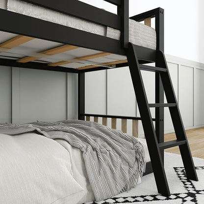 Max & Lily Low Bunk Bed, Scandinavian Modern Bunk Bed, Solid Wood Twin-Over-Twin Bed Frame for Kids, No Box Spring Needed, Black/Blonde