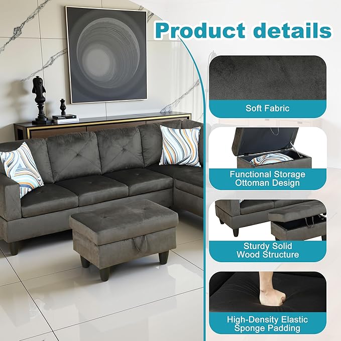 Couches for Living Room Modern L Shaped Couch Comfy Flannel Fabric 3 Pieces Sectional Sofa with Chaise, Ottoman with Storage for Office and Small Apartment, Grey