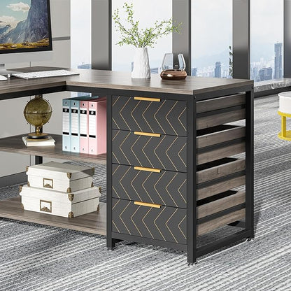 Tribesigns L Shaped Computer Desk with Storage Drawers, 59 inch Corner Desk with Shelves, Reversible L-Shaped Office Desk Writing Table Workstation for Home Office, Grey