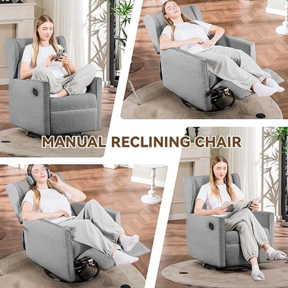 COMHOMA Nursery Rocking Chair Teddy Upholstered Swivel Rocker Recliner Manual Glider Reclining Chair for Living Room Bedroom Offices (Grey, 1 PCS)