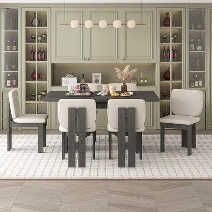 Ball & Cast 7-Piece Dining Table Set for 6 People, 59" Wood Dining Kitchen Table & Chairs Set, Dining Room Table with Trestle Base and 6 Upholstered Chairs, Perfect for Dining Room,Grey