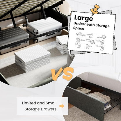 SHA CERLIN King Size Lift Up Storage Bed/Modern Wingback Headboard/Upholstered Platform Bed Frame/Hydraulic Storage/No Box Spring Needed/Wood Slats Support/Dark Grey