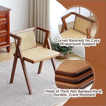Rattan Dining Chairs Set of 2, Mid-Century Accent Armchair, Wicker Chair, Outdoor Bamboo Chair for Dining Room, Living Room, Bedroom, Kitchen, Walnut