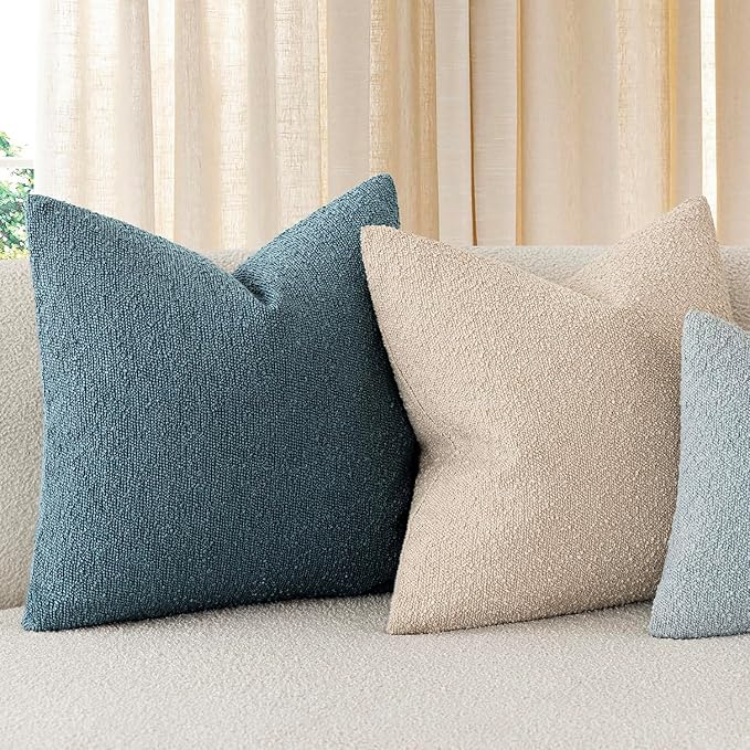 Foindtower Set of 2, Decorative Textured Boucle Throw Pillow Covers Accent Solid Pillow Cases Neutral Cozy Couch Cushion Case for Chair Sofa Bedroom Living Room Home Decor 24x24 Inch Misty Blue