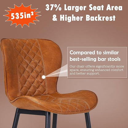 VECELO Quilted Bar Stools Set of 2, Bar Height Bar Stools with Back & Footrest, PU Leather with Stitching, Mid-Century Modern, 100% Virgin Cotton, 30" Tall, for Kitchen Home Bar, Caramel Brown