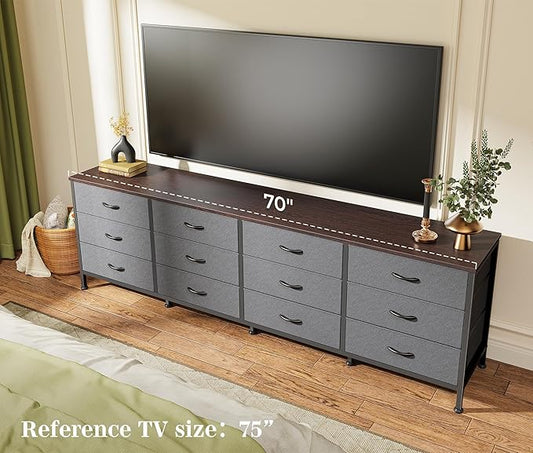 Huuger 70 Inch Dresser for Bedroom, TV Stand for 65, 75, 80 Inch TV, 12 Drawer Long Dresser, Large Storage Organizer Unit, Wide Chest of Drawer with Storage, Fabric Drawer for Living Room, Dark Grey
