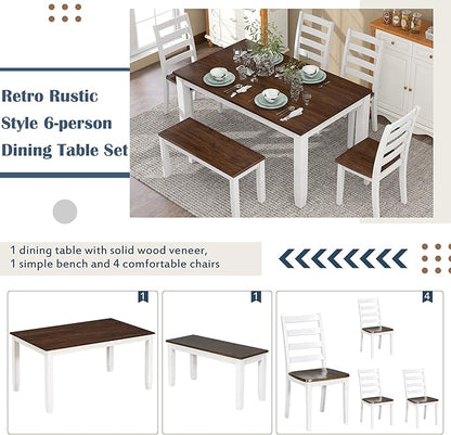 Ball & Cast 6 Piece Dining Table Set with 4 Upholstered Chairs & 1 Bench,Wooden Living Room Furniture W/ 60" Rectangle Kitchen Desk,for Restaurant,Home Bistro，Walnut + Cottage White
