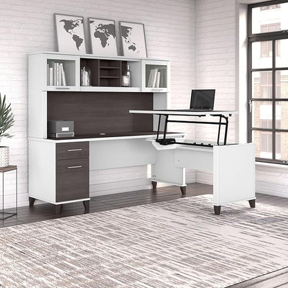Bush Furniture Somerset 72W 3 Position Sit to Stand L Shaped Desk with Hutch in White and Storm Gray