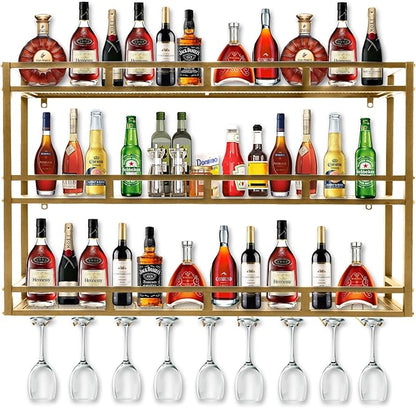 Metal Wine Rack Wall Mounted, Bar Shelves for Liquor Bottles with LED Light, 3 Tier Large Capacity Liquor Rack Wall Mounted with Glass Holder for Home Bar & Dining Room （Gold, 79in/200cm）