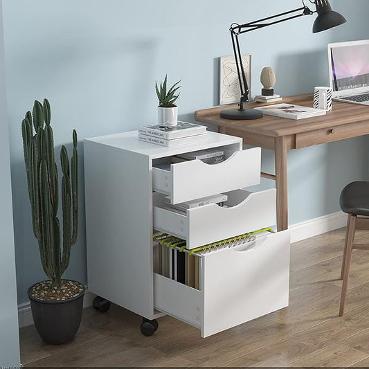 QDSSDECO 3 Drawer Mobile File Cabinet, Rolling Vertical Filing Cabinet fits A4, Legal Paper and Letter Paper for Home Office, White