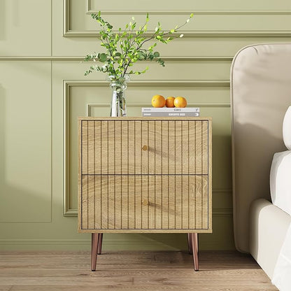 Wood Night Stand Set 2,Modern Bedside Table with Door and Open Storage Space,Fluted Nightstand and Wood End Side Table with Rose Gold Metal Legs and Handles for Bedroom,Living Room,Natural