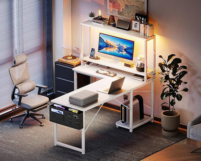 AODK L Shaped Desk Gaming Desk with LED Light & Power Outlet, 53 Inch Reversible L Shaped Computer Table with Shelf, Corner Desk with Storage Bag&Hook for Home Office Desk, White