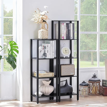 4 Tier Tall Wooden Bookshelf with Storage - Small Bookcase for Small Spaces, Shelf for Living Room, Office, Bedroom, Kitchen - Industrial Modern Black Book Shelf
