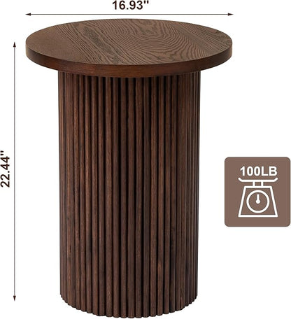 Walnut Pedestal Side Table 16.93'' Dia, Mid Century Modern Farmhouse Accent End Table, Fluted Base Design, Fully Assembled, for The Living Room and Bedroom, 22.44" Tall