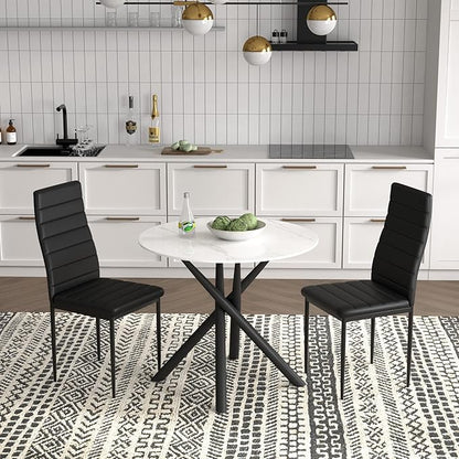 White Marble Round Dining Table with Black Metal Legs, 32 in Modern Sintered Stone Kitchen Table Circle Table for Dining Room Kitchen