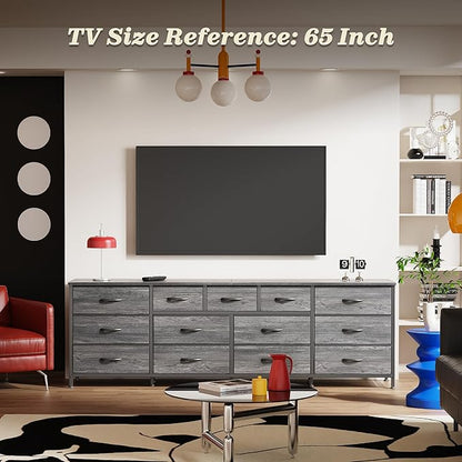 Huuger 70 Inch Dresser for Bedroom, TV Stand for 65, 75, 80 Inch TV, 13 Fabric Drawer Long Dresser, Large Entertainment Center for Bedroom, Wide Chest of Drawer with Storage, Grey