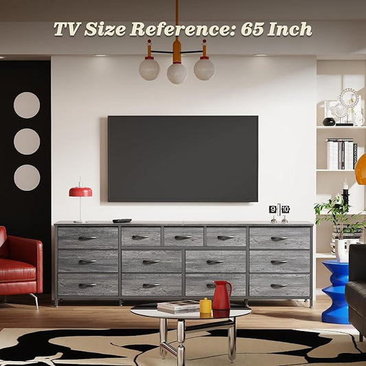 Huuger 70 Inch Dresser for Bedroom, TV Stand for 65, 75, 80 Inch TV, 13 Fabric Drawer Long Dresser, Large Entertainment Center for Bedroom, Wide Chest of Drawer with Storage, Grey
