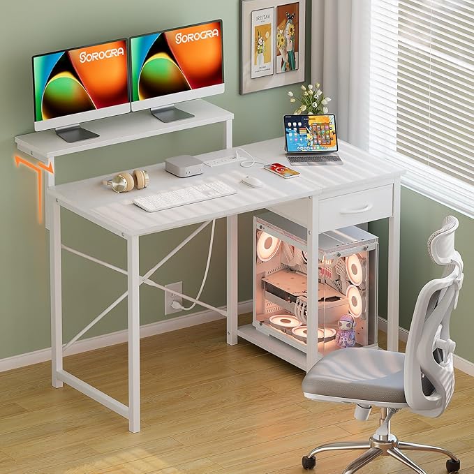 Computer Desk with Adjustable Monitor Stand, 39.4 in Small Desk with Reversible Storage Shelves, Office Desk with Spacious Desktop Spaces for Home Bedroom Workstation, White