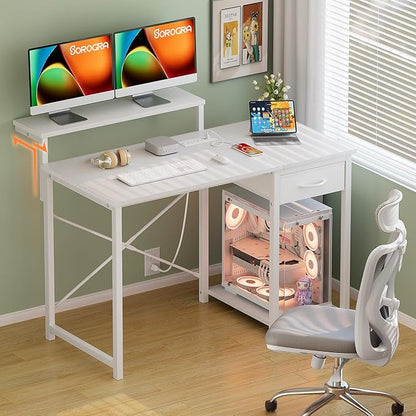 Computer Desk with Adjustable Monitor Stand, 39.4 in Small Desk with Reversible Storage Shelves, Office Desk with Spacious Desktop Spaces for Home Bedroom Workstation, White