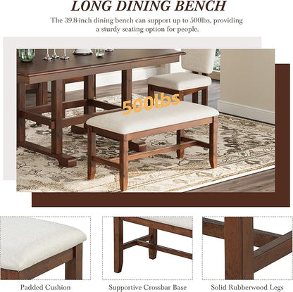 Ball & Cast 6 Pieces 78inch Extendable Wood Dining Table Set with Bench,Traditional Kitchen Table Set w/ 18inch Removable Leaf and 4 Upholstered Dining Chairs,for 5 People Dining Room,Espresso+Beige