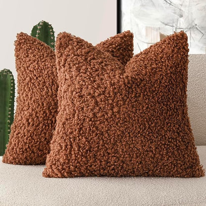 Foindtower 2 Pieces 20x20 Inch Hazel Brown,Faux Fur Throw Pillow Cover Accent Sherpa Furry Pillow Covers Fuzzy Soft Pillowcases Cozy Sheepskin Decorative Fleece Cushion Case for Bed Couch Living Room