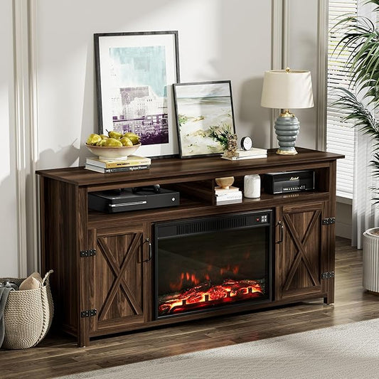 YESHOMY Fireplace TV Stand for Television up to 65+ Inch with Storage and Farmhouse Barn Doors, Entertainment Center with Cabinet and Shelves, Media Console for Living Room, Walnut
