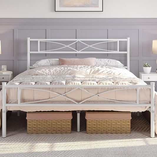 Yaheetech Metal Full Size Bed Frame, Platform Bed Frame, Mattress Foundation with Curved Design Headboard & Footboard, NO Box Spring Needed, Heavy-Duty Support, Easy Assembly, Full, White