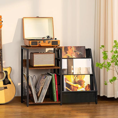 LELELINKY Record Player Stand with Vinyl Storage, 3 Tier Turntable Stand with Display Shelf Storage Up to 180 Albums,Brown End Table Records Cabinet for Media Stereo Speaker, Amplifiers, Magazines