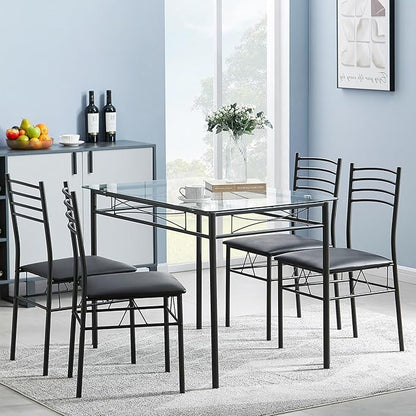 VECELO Kitchen Dining Table and Chairs Set for 4, PU Padded Seat & Glasses Tabletop, Space Saving, Matte Black