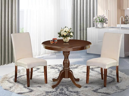 East West Furniture AMDR3-MAH-01 3 Piece Dinette Set for Small Spaces Contains a Round Kitchen Table with Pedestal and 2 Cream Linen Fabric Parson Dining Chairs, 36x36 Inch, Mahogany