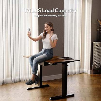 Seang Standing Desk with Drawer, 40" x 24" Height Adjustable Stand Up Desk, 3 Memory Height Settings with Cable Grommets & Storage Hooks, Ideal for Home & Office, Rustic Brown