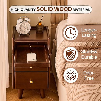Uniclinens Narrow Nightstand with Drawers, Small Slim Solid Wood Bedside Table for Bedroom, Modern End/Side for Living Room, Walnut
