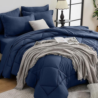 HEVUMYI Navy Blue Cali-King Comforter Set - 7-Piece All Season Bed in a Bag Cali-King, Ultra Soft Bedding Set with Comforter, Flat Sheet, Fitted Sheet, Pillowcases, Pillow Shams, Navy Blue