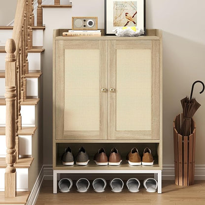 Rattan Shoe Cabinet Storage for Entryway, Shoe Cabinet with Adjustable Shelves for Entryway, 5-Tier, 20 Pair Shoe Rack Storage for Hallway, Closet, Living Room, Natural