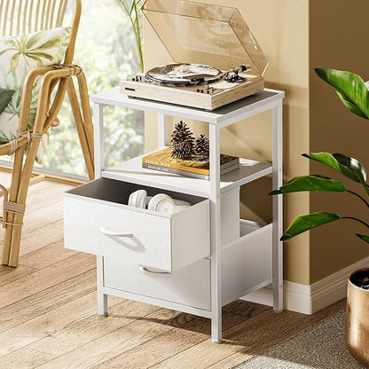 Huuger Night Stand Set of 2, Nightstand with 2 Drawers, Bed Side Table with Open Shelf, Wooden Top, End Table, PU Leather Fabric Drawer Surface, for Bedroom, White