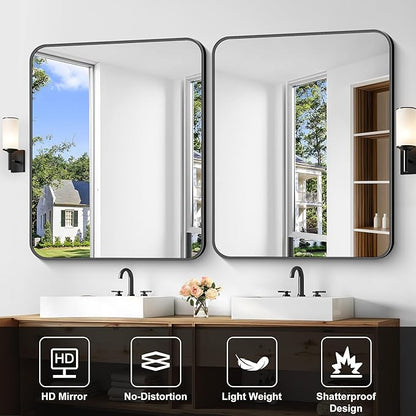 Bathroom Mirror, 36 x 30 inch Metal Framed Black Rectangle Mirror, Rounded Corner Rectangular Vanity Mirror, Wall Mounted Mirror for Modern Bedroom Living Room Hangs Horizontal or Vertical