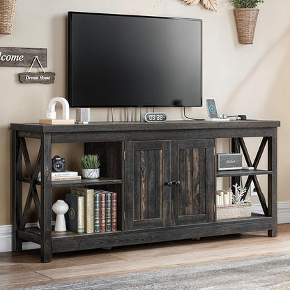 YITAHOME TV Stands for Living Room, Modern Entertainment Center with Power Outlet for Television up to 65 Inch, Farmhouse Media Console TV Cabinet with Adjustable Shelf & Open Shelves, Dark Rustic Oak