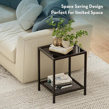 SAYGOER Black Side Table Small Glass End Table 2-Tier Narrow Square Bed Side Tables, 13.4"x11.8"x19.7", Sofa Small Leisure Table with Black Metal Frame for Modern Living Room Bedroom, BK Glass