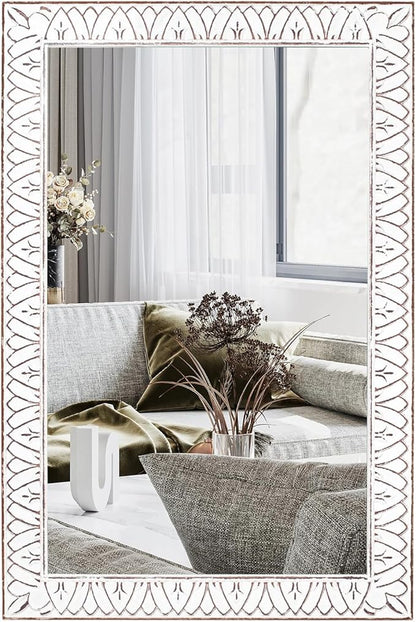 36x24 Inch Farmhouse Rectangle Wall Mirrors with Wooden Frame, Rustic Decorative Rectangular Mirror for Living Room, Bedroom, Bathroom, Entryway - Vertical/Horizontal Hanging