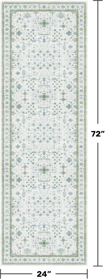 Blue and Green 2x6 Boho Bathroom Runner - Modern Vintage Eclectic Floral Pastel Geometric Oushak Runners, Washable Low Pile Non Slip Small Area Rugs for Kitchen, Hallway, Bedroom, Laundry, Powder Room