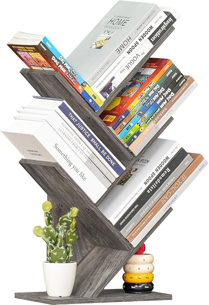 5 Tier Tree Book Shelf, Small Desktop Bookshelf with Storage Organizer, Wood Bookcase, Desk Display Bookshelves, Floor Standing Organizer Bookcases for Living Room,Bedroom,Office - Light Grey