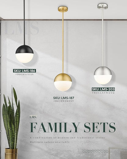 LMS 2 Pack Mid Century Pendant Lights, Matte Black Kitchen Island Light Fixtures with White Globe Glass Shade, Adjustable Hanging Rod Ceiling Light for Home Office Dining Room Bathroom, LMS-186BK2PK