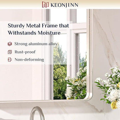 Keonjinn 16 x 20 Inch Brushed Nickel Bathroom Mirrors for Over Sink, Rounded Rectangle Silver Bathroom Vanity Mirror, Metal Framed Farmhouse Mirror for Wall, HD Tempered Glass(Horizontal/Vertical)